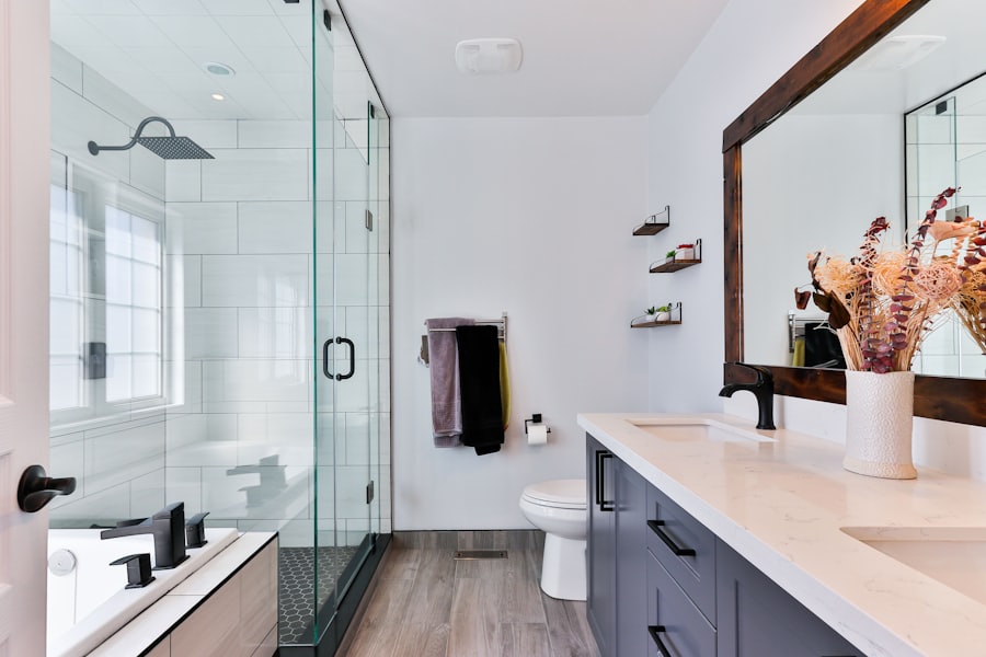 Finished modern bathroom renovation with walk-in shower